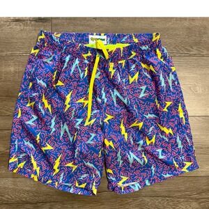 Tipsy Elves Mens Lightning Bolt Swim Trunks Size L Blue Pink Yellow‎ Athletic